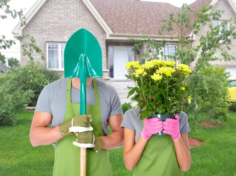 Professional landscapers maintaining a tidy, safe garden site